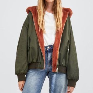Zara Reversible Oversized Bomber Coat Khaki Orange